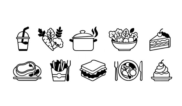 Modern food line icons set with beverage vegetables salad cake steak fries sandwich and dessert vector collection