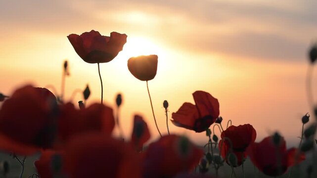 Silhouette Poppy Flowers Swaying at Sunset in Cinematic Golden Light. Close-Up Nature Video.
Cinematic close-up video of red poppy flowers silhouetted against a glowing sunset sky. 