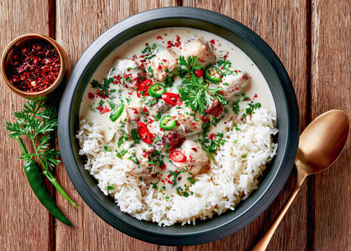Overhead-view of Filipino Bicol Express made in traditional Bicolano style. It is a stew made from long chili peppers, coconut milk, shrimp paste, onion, pork, ginger and garlic. 