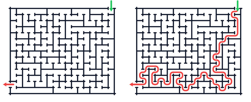 Maze puzzle with solution path illustrated in red and green arrows  