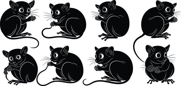 Tarsier nocturnal primate vector black silhouette set with big eyes wildlife animal shapes isolated on transparent background