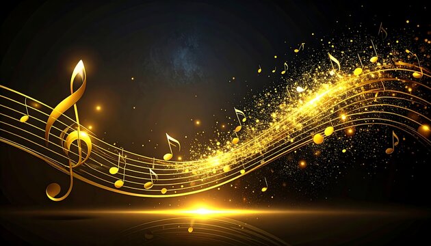 A golden treble clef and musical notes dance in a stream of light, creating a dynamic, shimmering effect on a dark background
