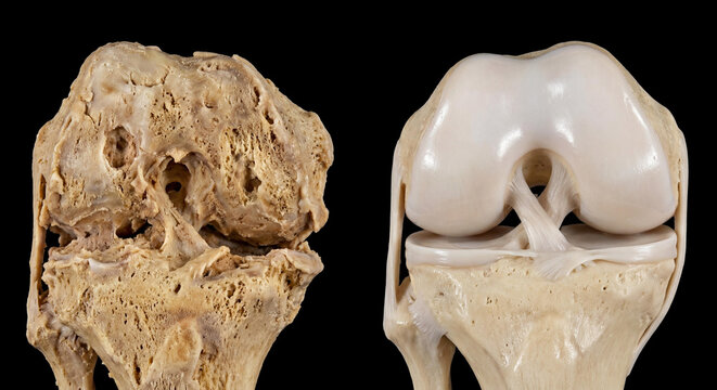 Knee joint comparison: severe degenerative osteoarthritis with eroded bone (left) and normal healthy articular cartilage and ligaments (right) on black background.