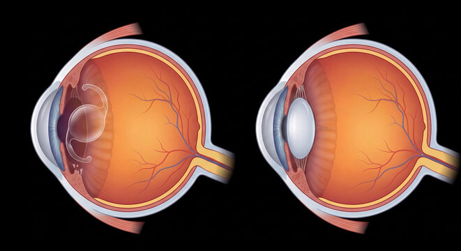 Human eye cross-section comparison: eye with intraocular lens implant (left) and normal eye with natural crystalline lens (right) on black background.