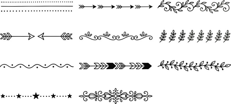 Hand drawn decorative dividers set featuring black handdrawn vector elements floral borders rustic arrows dots and stars isolated on a white background for card design