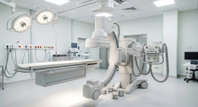 Modern Sterile Operating Room with High Tech C-arm X-ray Equipment