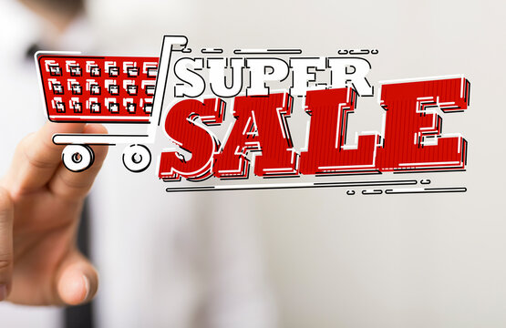 Concept of super sale promotion with shopping cart and hand touch. Discounts and shopping concept