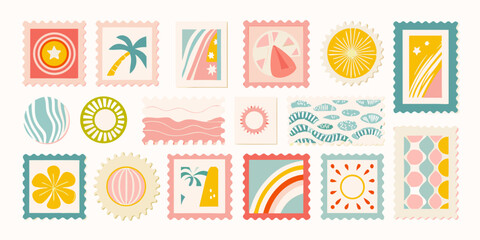 colorful summer themed postage stamps flat vector illustration © Kanika