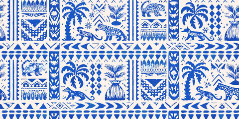 blue tropical pattern with leopards toucans and palm leaves © Kanika