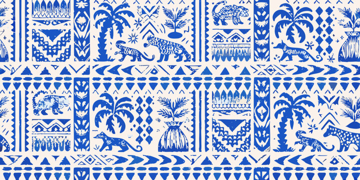 blue tropical pattern with leopards toucans and palm leaves
