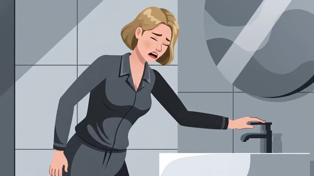 Businesswoman Suffering From Stomach Pain at the Bathroom in a Dramatic Composition