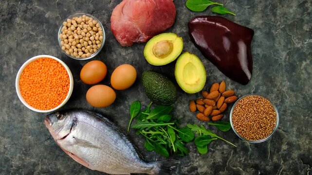 Foods that contain iron. Selective focus.
