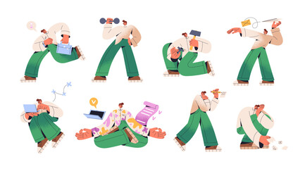 Naklejka na ściany i meble Employee time management set. Business man is rushing, sends letter, works and relaxes, takes notes and sad for fail. Office worker is late and hurry up. Flat isolated vector illustrations on white