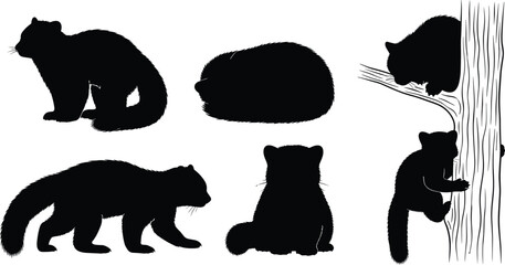 Red panda black silhouette vector graphics set featuring sleeping and climbing tree wildlife animal shapes isolated on transparent background © Olivia