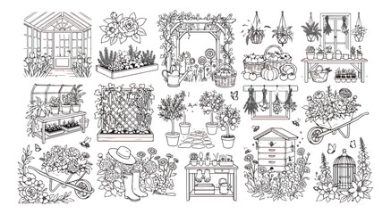 Obraz premium Garden line art collection, hand drawn gardening illustrations set, greenhouse and floral landscape vector elements for coloring book