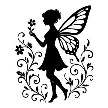 Elegant fairy silhouette with butterfly wings and flowing profile details. Mystical fantasy character creates a dreamy decorative illustration for logos and artistic designs.