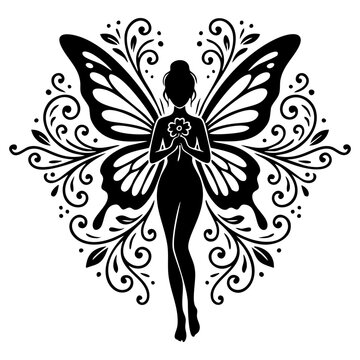 Elegant fairy silhouette with butterfly wings and flowing profile details. Mystical fantasy character creates a dreamy decorative illustration for logos and artistic designs.