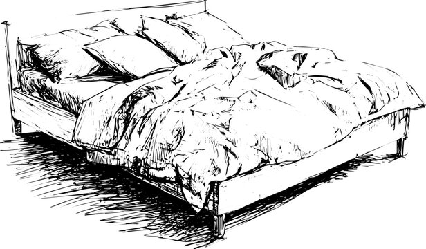 Hand Drawn Sketch of an Unmade Double Bed with Pillows and Rumpled Blanket Vector Illustration