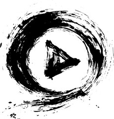 Black Grunge Play Button Icon with Hand Drawn Ink Brush Circle Swirl Vector © Kafi