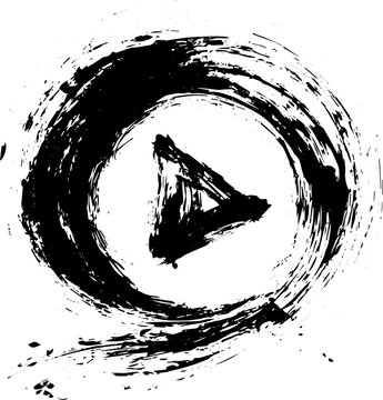 Black Grunge Play Button Icon with Hand Drawn Ink Brush Circle Swirl Vector