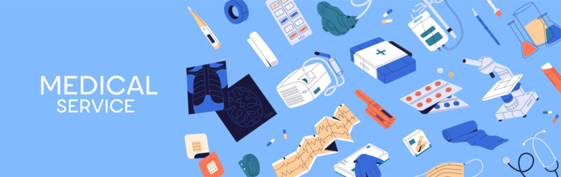 Design of advertising banner of medical service with first aid kit items. Template with hospital supplies. Layout with tools, instruments and equipment of medicine, ambulance. Flat vector illustration