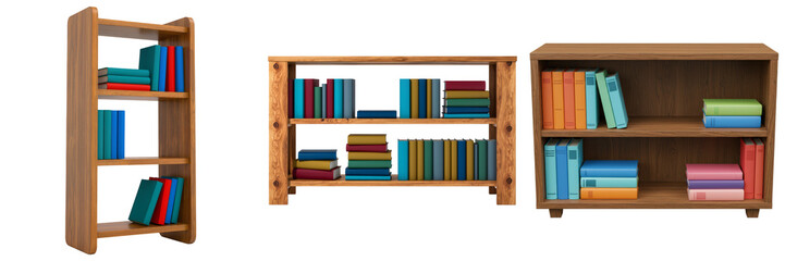 Three wooden bookshelves filled with colorful books, isolated on transparent background © Quy