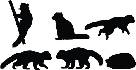Cute red panda animal black silhouette vector pack featuring various climbing and walking wildlife shapes isolated on transparent background © Olivia