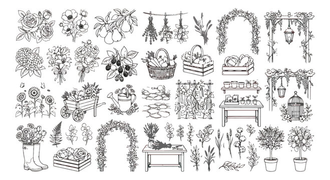 Intricate garden coloring page vector, detailed greenhouse and potting shed illustration, botanical backyard scene with flowers and plants