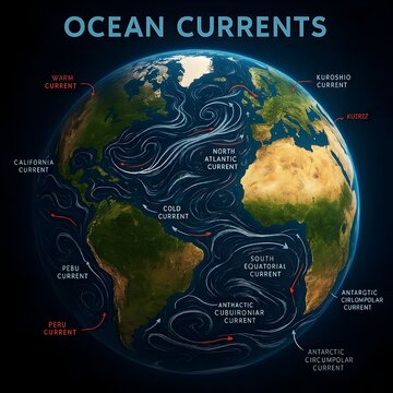Ocean Currents Global Infographic Mapping Warm and Cold Marine Currents Including North Atlantic, Gulf Stream, California, and Peru Currents on Earth Globe
