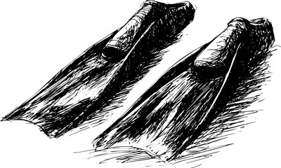 Hand Drawn Sketch of a Pair of Swimming Flippers for Diving and Snorkeling © Kafi