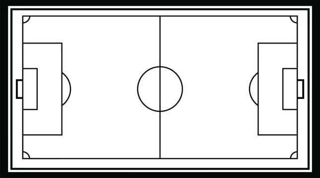 Overhead view of a soccer field illustration with black lines on a white background for sports graphics