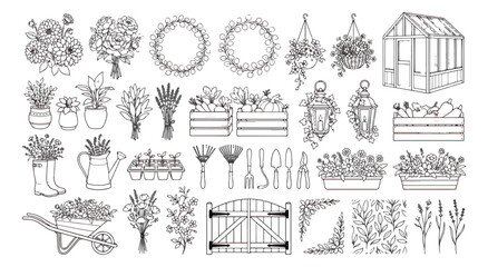 Obraz premium Intricate garden coloring page vector, detailed greenhouse and potting shed illustration, botanical backyard scene with flowers and plants