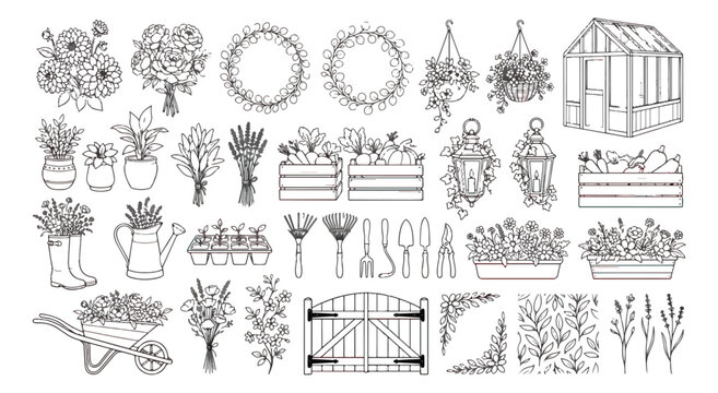 Intricate garden coloring page vector, detailed greenhouse and potting shed illustration, botanical backyard scene with flowers and plants