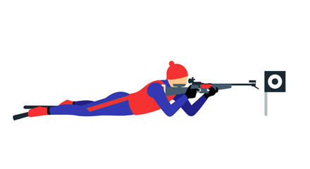 Biathlon athlete lying down shooting at target, winter sport illustration © Fatim