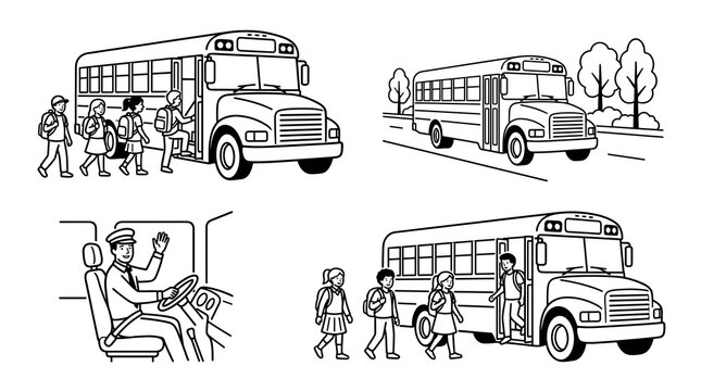 Black and white school bus vector illustrations showing students queuing up to board, bus driving along trees on a road, and friendly driver waving from the seat.
