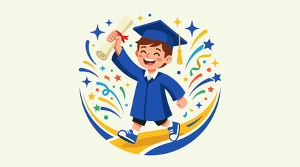 Young Boy in Graduation Cap Celebrates.