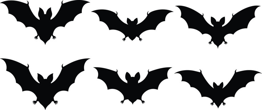 Spooky flying bat silhouette vector pack featuring various winged mammal icons isolated on transparent background