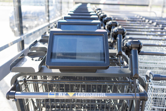 Bad Hersfeld, Germany, 04.29.2026: Smart carts lined in a row, edeka