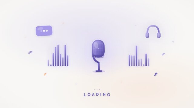 A minimalist and elegant 2D vector animation featuring a purple microphone icon, audio soundwaves, headphones, and a chat bubble, with a sleek "LOADING" progress text at the bottom.