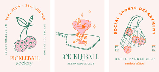 Obraz premium Pickleball club poster set with retro paddles, cherry shaped pickle balls and cocktails. Summer fun pickle ball vintage vector illustrations