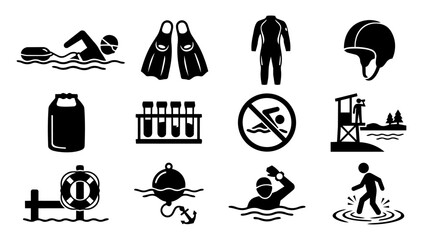 Lake Bathing Equipment and Water Safety Silhouette Icons Set © Mediasegment