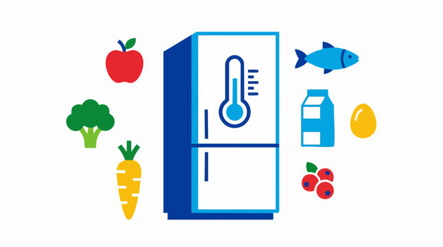 Refrigerator temperature control vector illustration, fridge with healthy food icons, cold storage and food safety concept with thermometer
