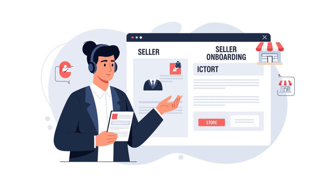 Seller onboarding illustration: customer support agent guiding online business.