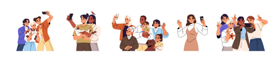 Naklejka na ściany i meble Happy people are taking selfies. Families with kids, couples, and friends do joint photos. Men and women do photographs by phone together. Flat isolated vector illustrations on white background
