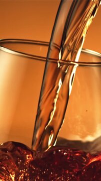 Cognac flows in a stream with air bubbles into the glass. On a brown background. Filmed is slow motion 1000 fps. High quality FullHD footage