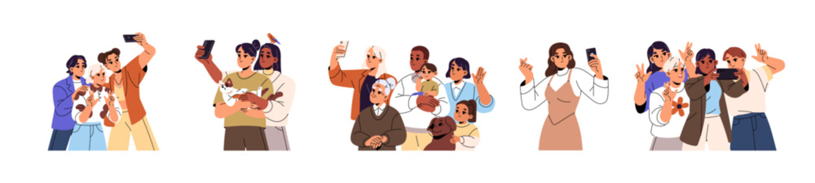 Happy people are taking selfies. Families with kids, couples, and friends do joint photos. Men and women do photographs by phone together. Flat isolated vector illustrations on white background