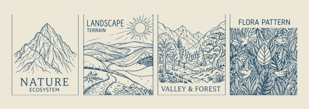 scenic mountain landscape drawing, minimalist outdoor nature sketch, clean mountain range art, modern travel vista, premium mountain vector set, simple horizon graphic, peaceful landscape illustration