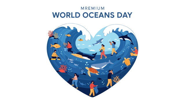 World Oceans Day Heart Illustration: A vibrant illustration depicting a heart-shaped ocean teeming with marine life and people cleaning up the waters.