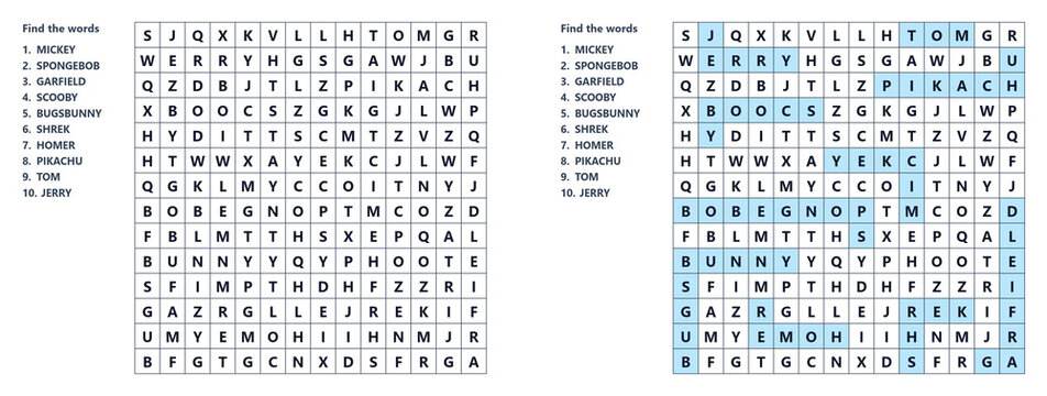 A word search puzzle with highlighted answers on the theme of a wedding, using Filward's gaming technology for children featuring famous cartoon characters.