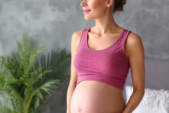 A pregnant woman in a pink sports bra standing confidently indoors